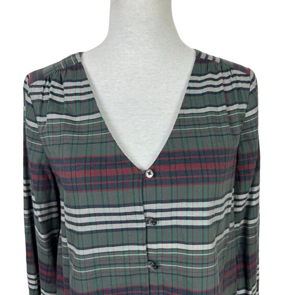Madewell V-Neck Button Down Shirt in Pineview Plaid Green Flannel Top - Picture 7 of 13
